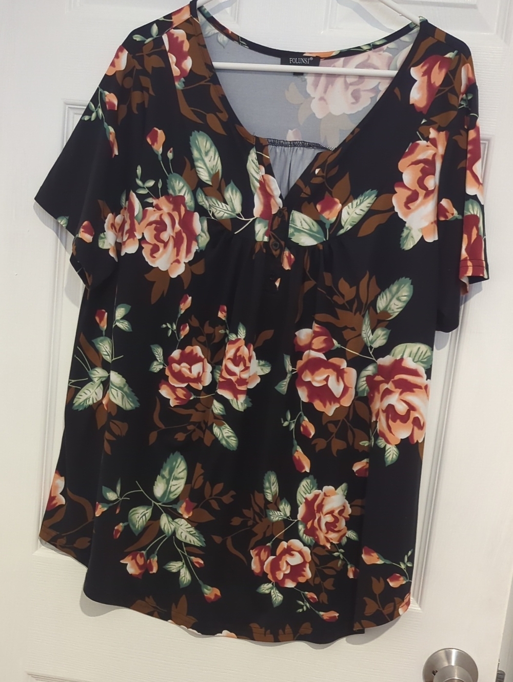 Black Floral V-Neck Blouse with Rose Print